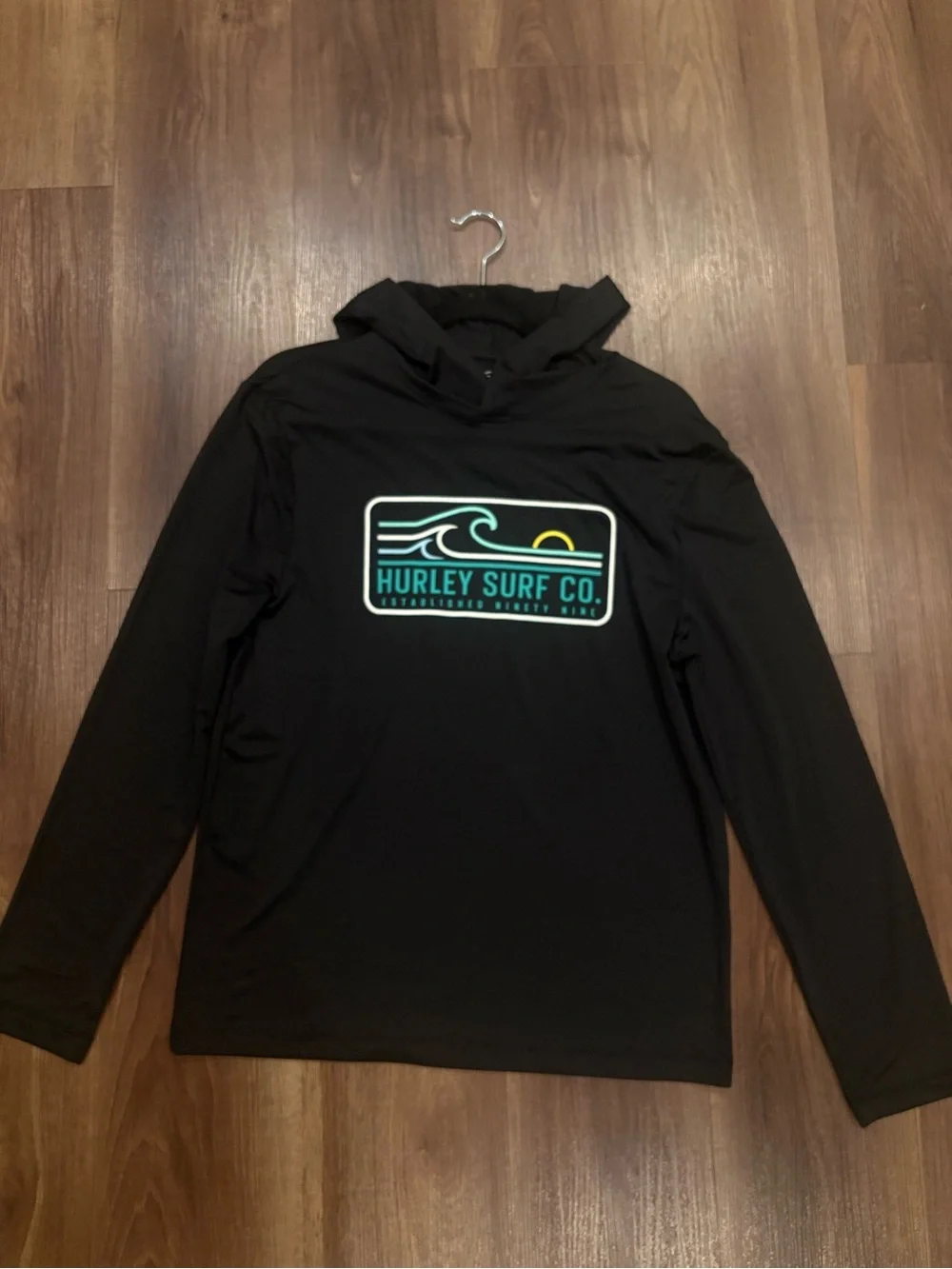 New Hurley Black Hooded Surf Logo Long Sleeve Top with Teal Accent